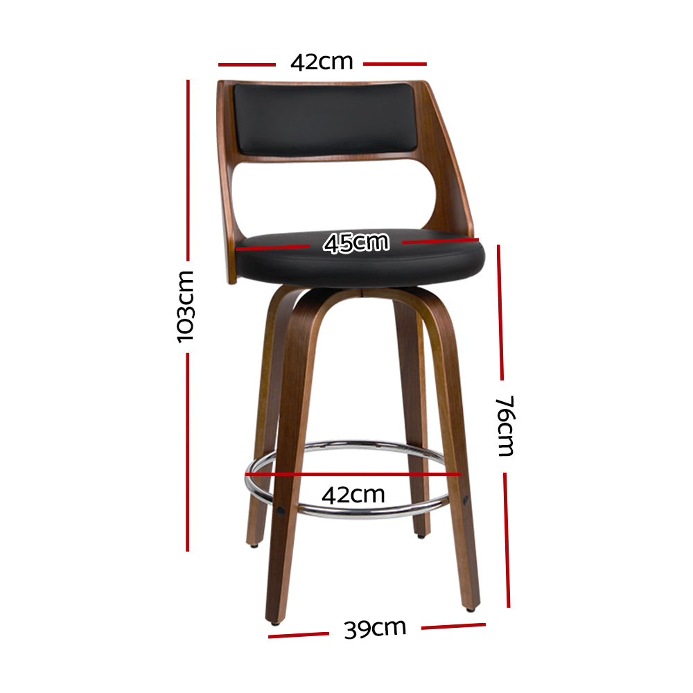 2x Wide Seat Swivel Bar Stools Wooden & PU Leather Back Support - Black