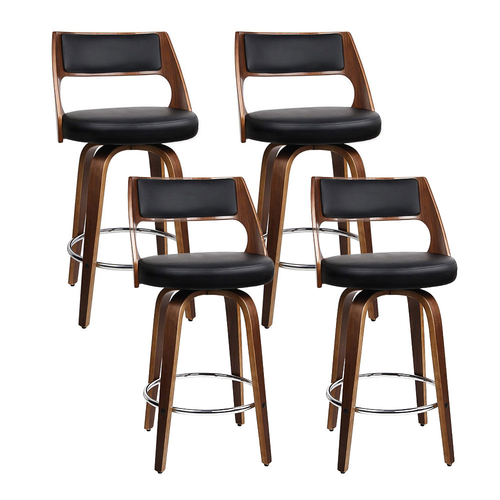 4x 76cm Swivel Bar Stools Wooden PU Leather Back Support - Black