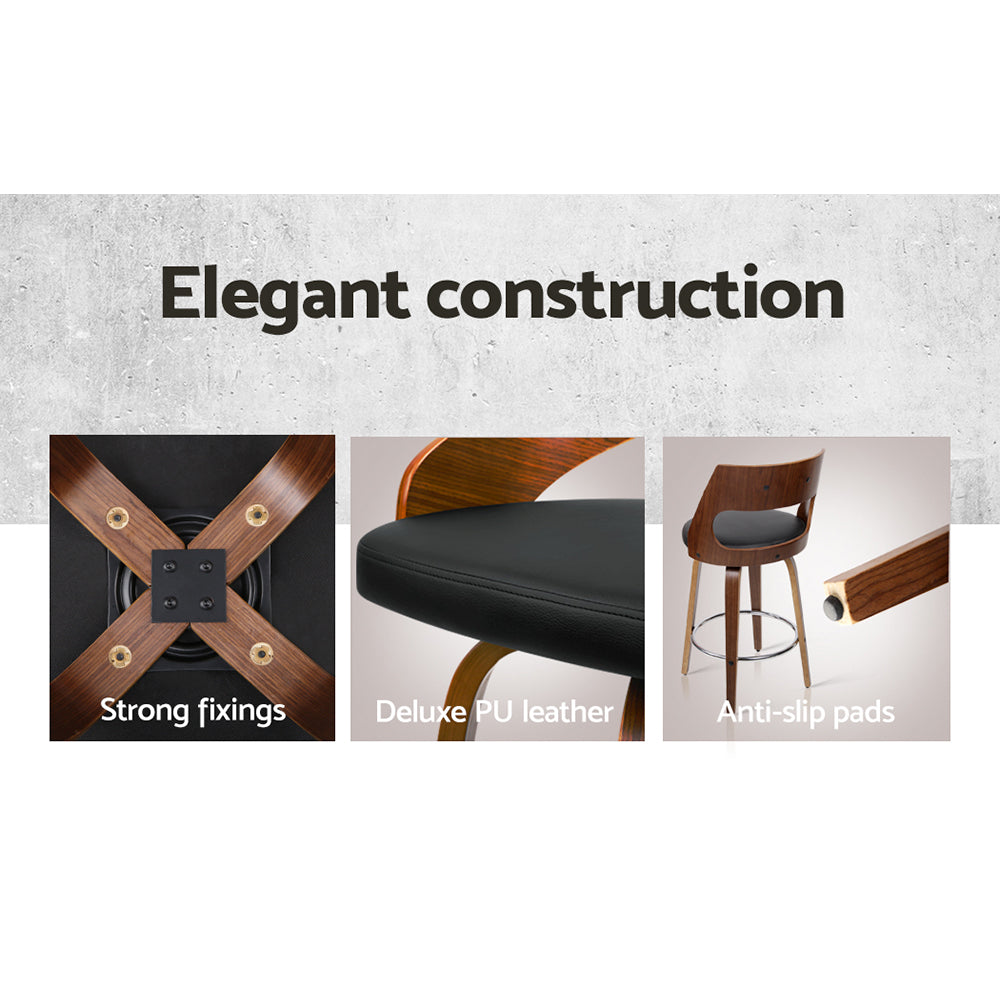 4x 76cm Swivel Bar Stools Wooden PU Leather Back Support - Black