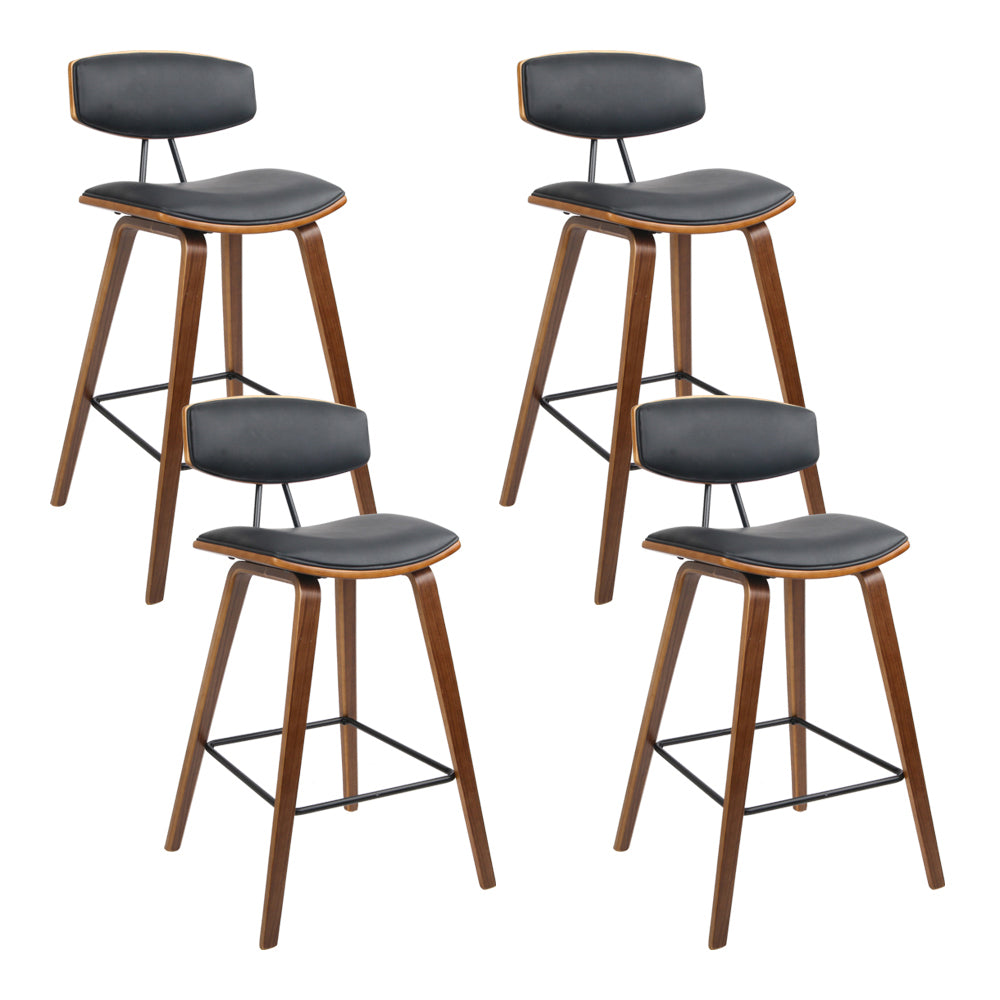 4x Wooden Bar Stools PU Leather Padded with Back Support - Black