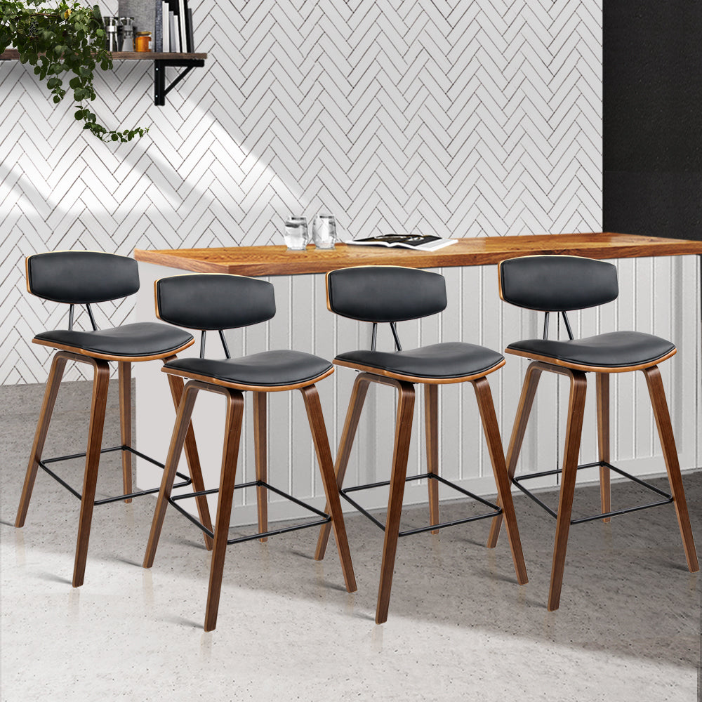 4x Wooden Bar Stools PU Leather Padded with Back Support - Black