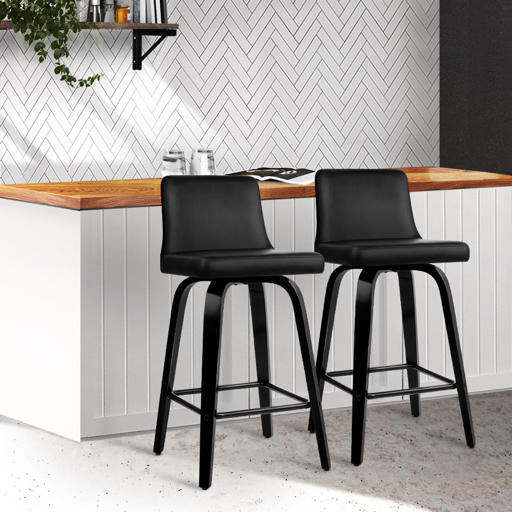 2x Swivel Kitchen Bar Stools PU Leather Wooden - Black