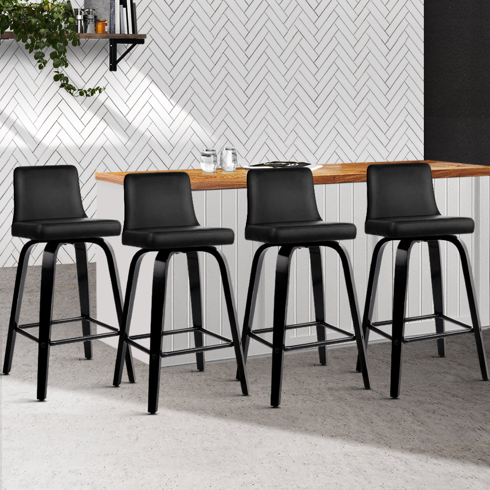 4x Swivel Bar Stools PU Leather Wooden Stools - Black