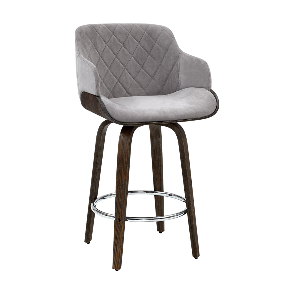 Single Swivel Wide Seat Bar Stool Velvet Padded Wooden - Grey