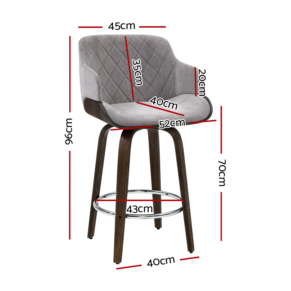 Set of 3 Swivel Wide Seat Bar Stool Velvet Padded Wooden - grey