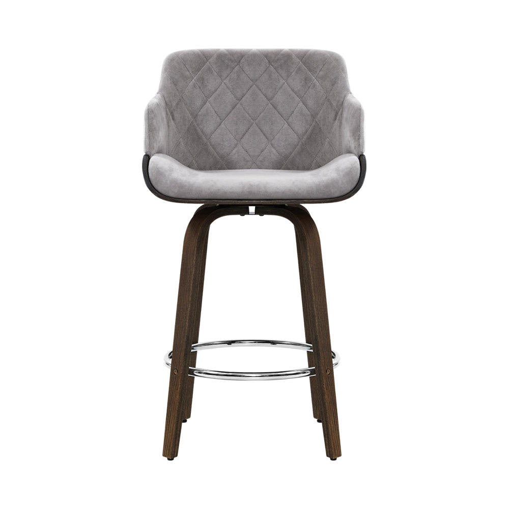 Single Swivel Wide Seat Bar Stool Velvet Padded Wooden - Grey