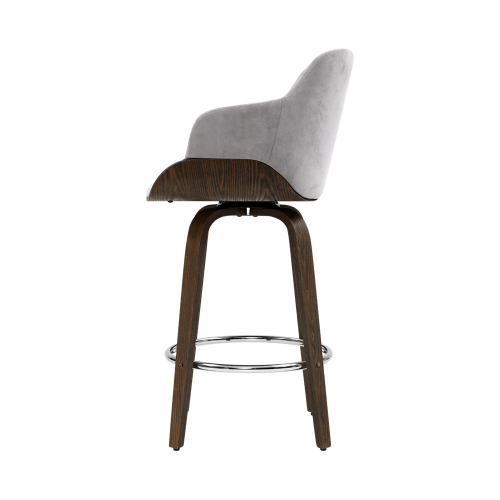 Single Swivel Wide Seat Bar Stool Velvet Padded Wooden - Grey