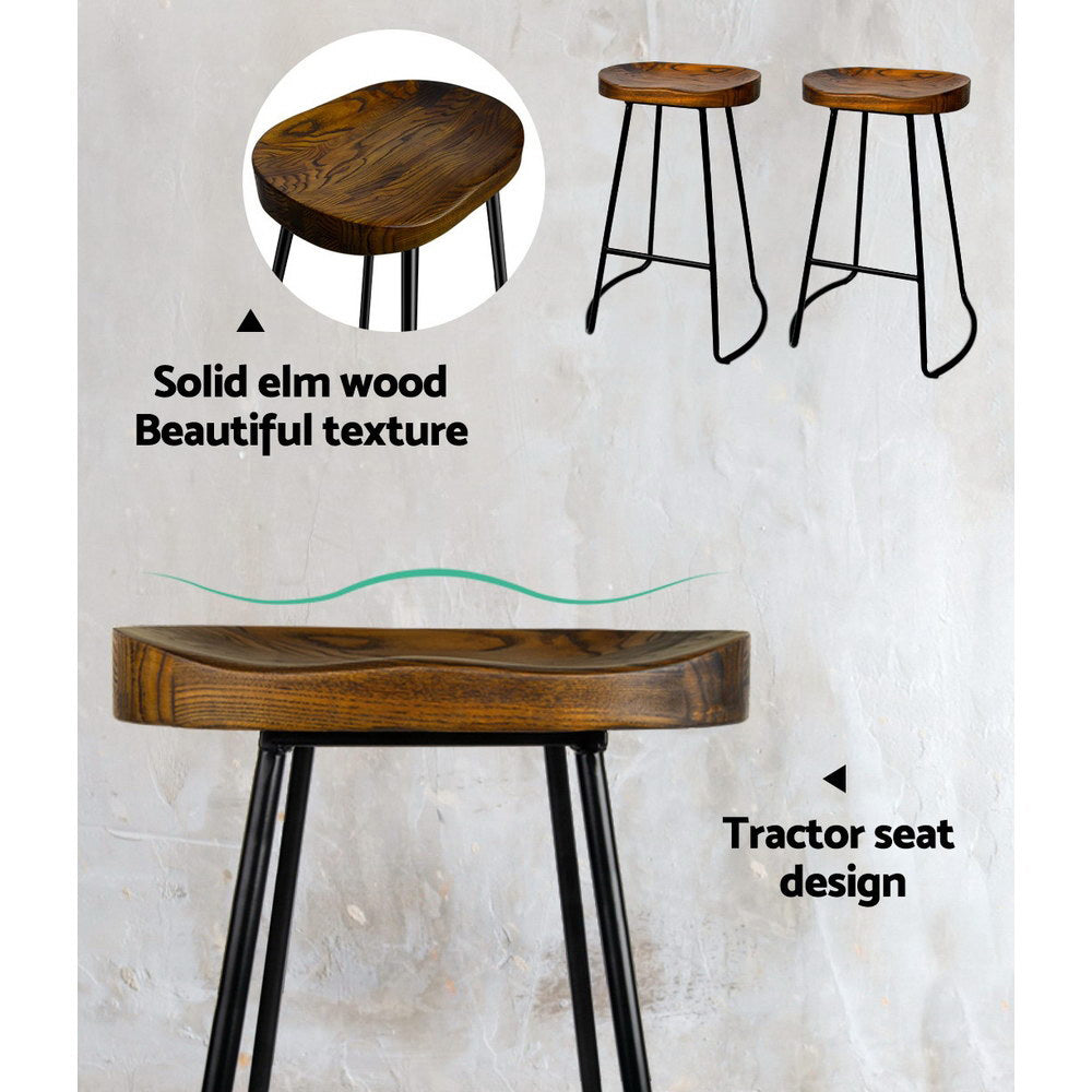 4x 65cm Backless Wooden Bar Stools Tractor Seat - Rustic Brown