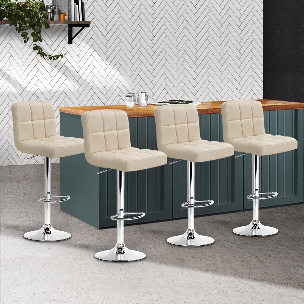 4x Swivel Gas Lift Bar Stools PU Padded Leather Back Support - Beige