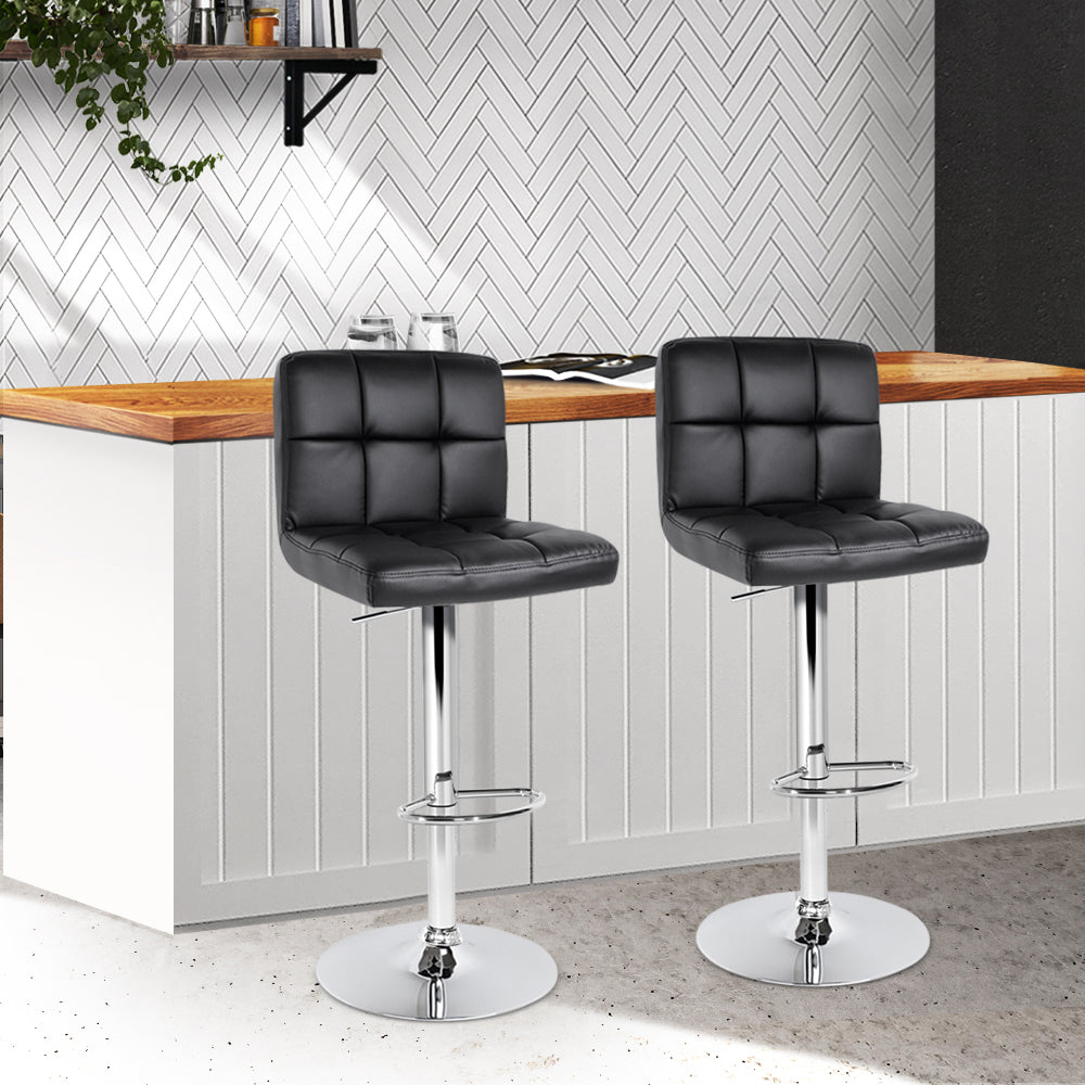 2x Swivel Gas Lift Bar Stools PU Padded Leather Back & Foot Support - Black