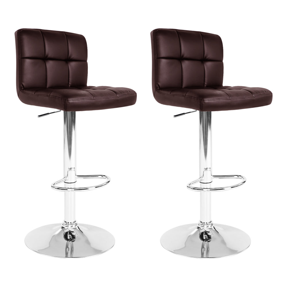 2x Swivel Gas Lift Bar Stools PU Padded Leather Back Support - Brown