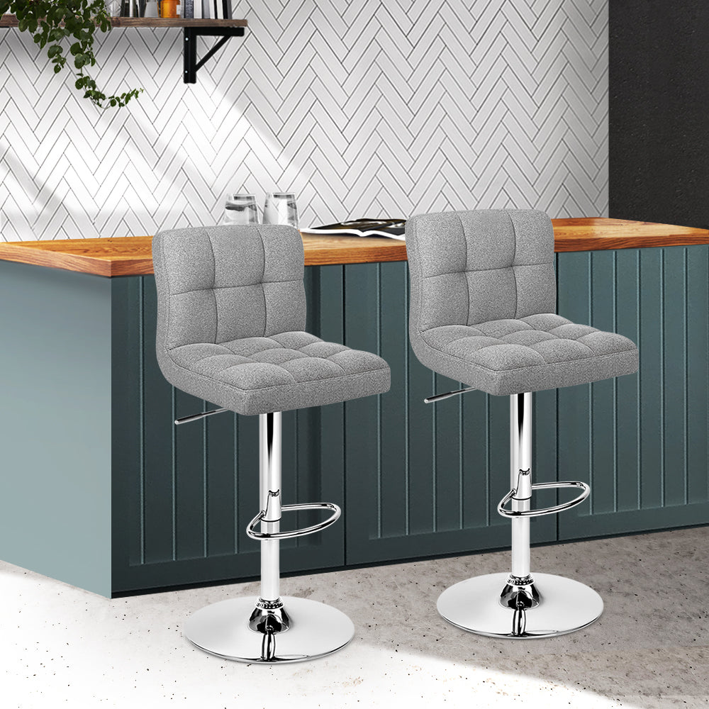 2x Swivel Gas Lift Bar Stools Soft Linen Fabric - Grey