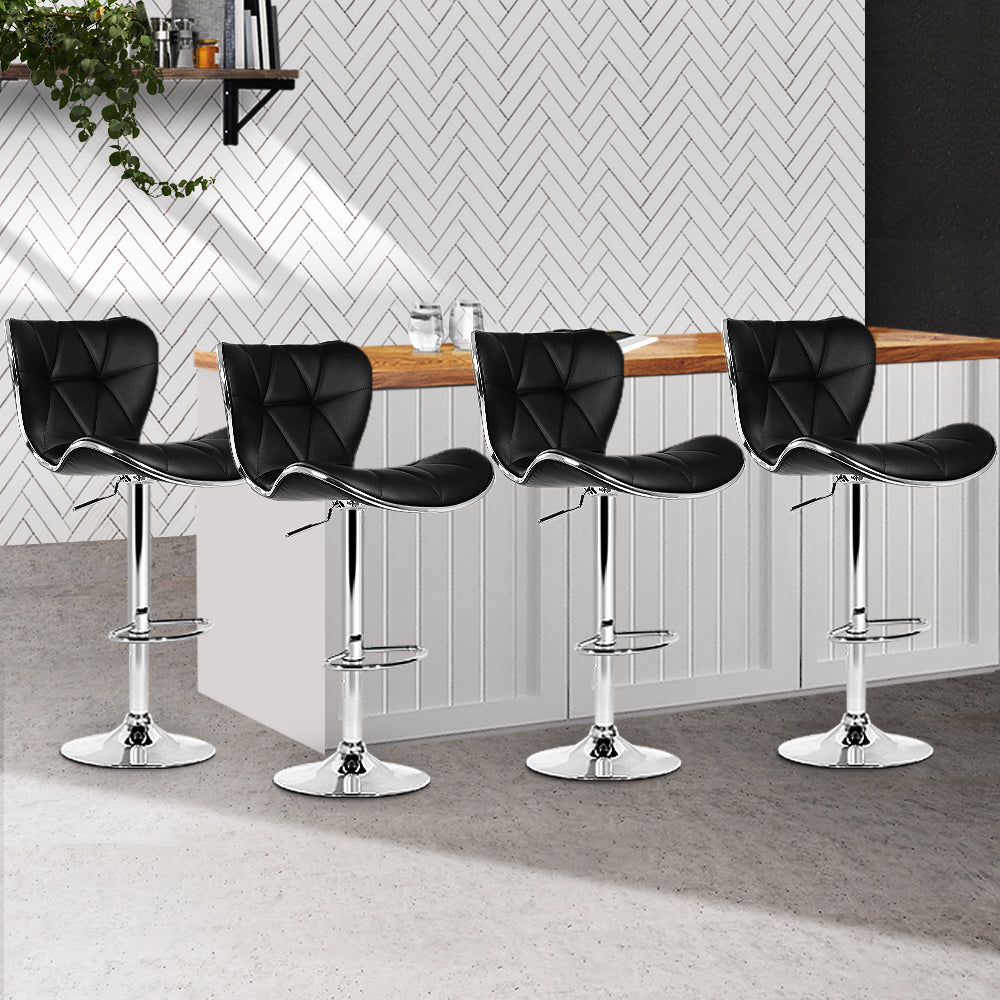 4x Swivel Gas Lift Bar Stools PU Padded Leather Back Support - Black