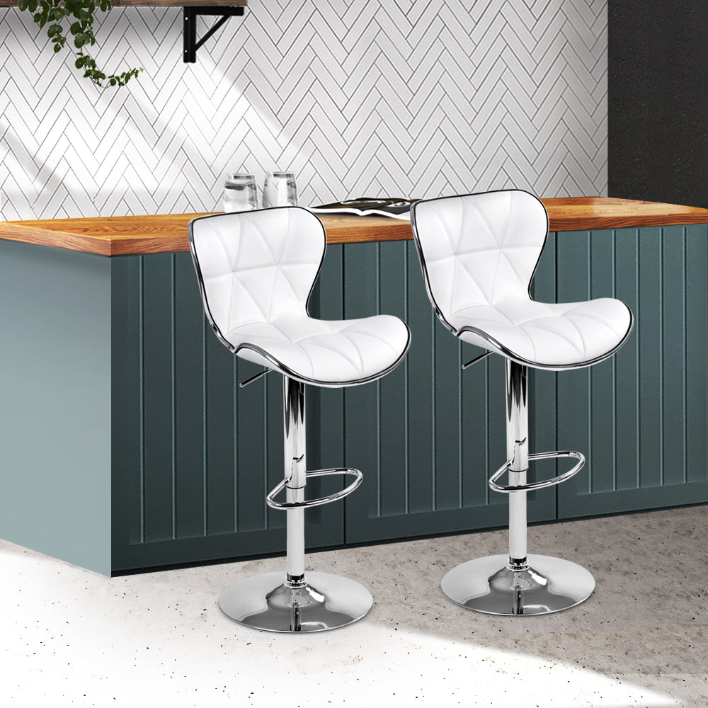 2x Swivel Gas Lift Bar Stools PU Padded Leather Back Support - White