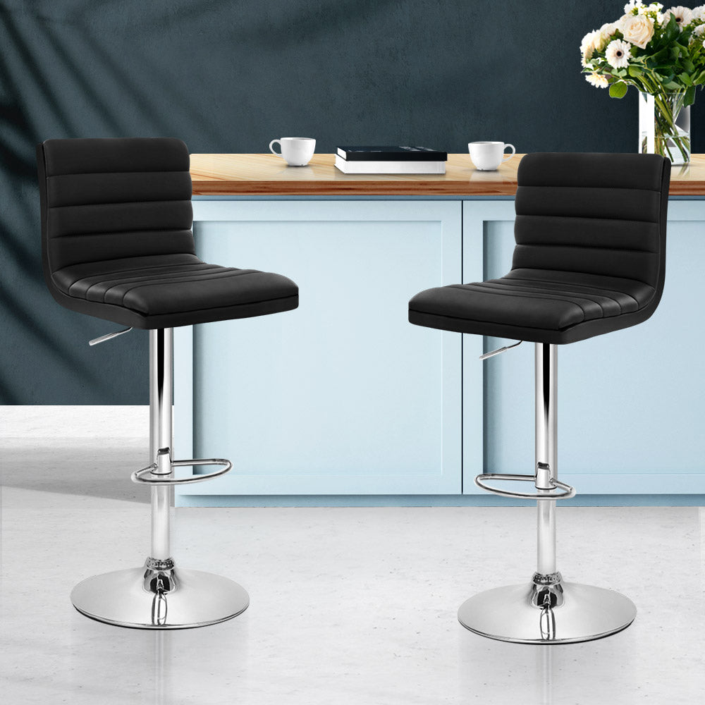 2x Swivel Gas Lift Bar Stools PU Padded Leather Back Support - Black