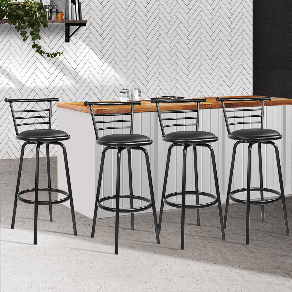 4x Swivel Bar Stools Leather Padded Metal - Black