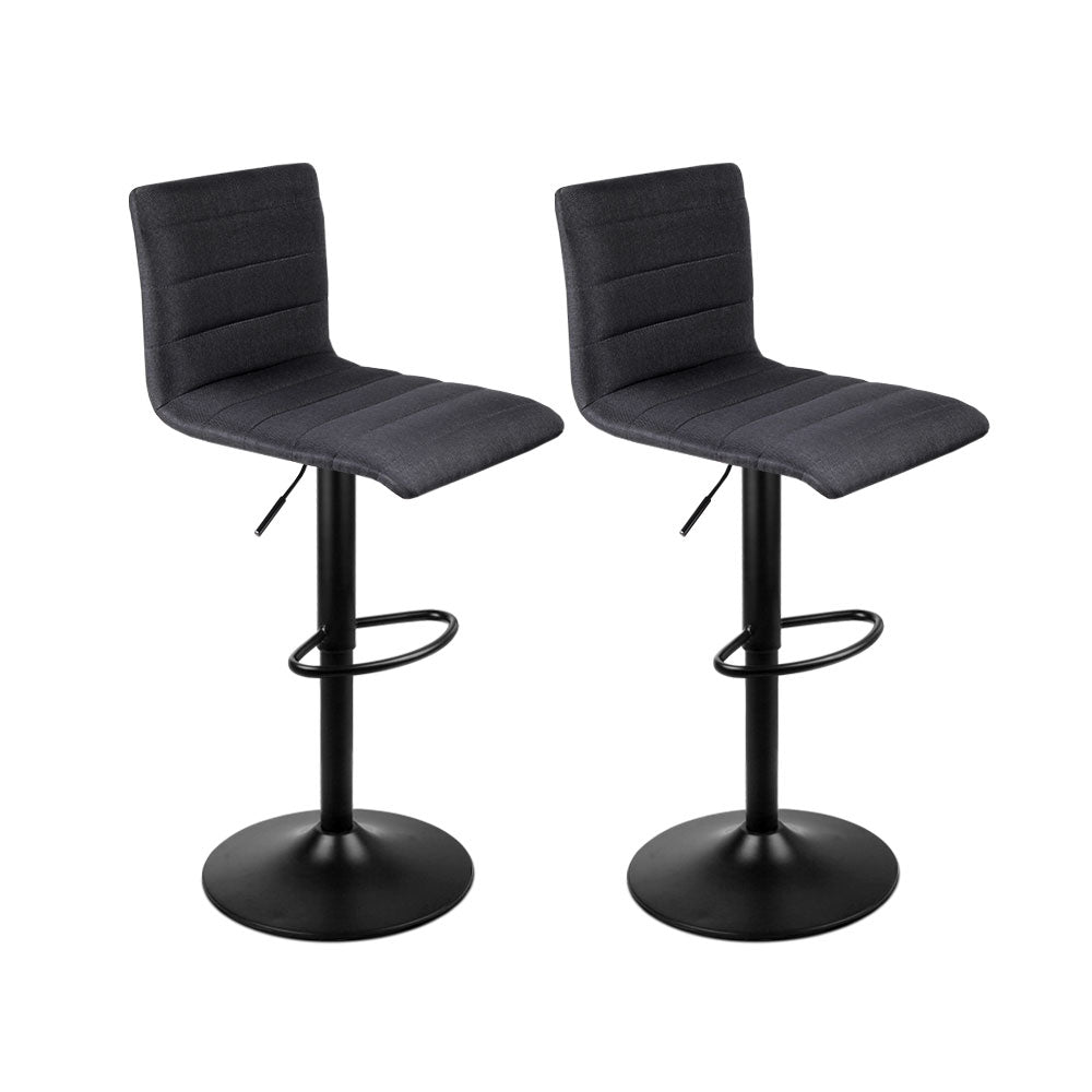 2x Swivel Gas Lift Bar Stools - Linen Fabric Back Support - Black