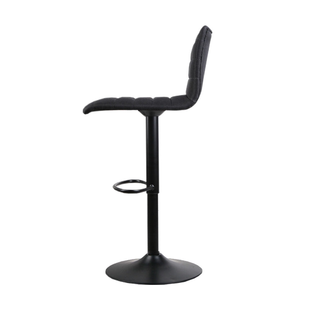 2x Swivel Gas Lift Bar Stools - Linen Fabric Back Support - Black