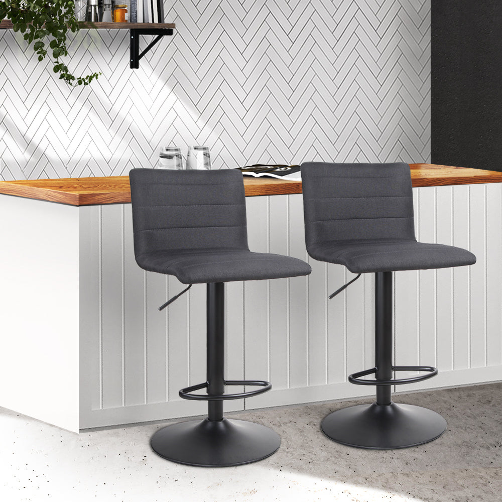 2x Swivel Gas Lift Bar Stools - Linen Fabric Back Support - Black