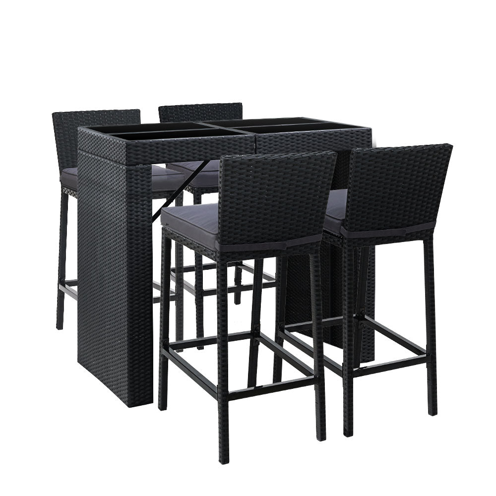 5 Piece Outdoor Bar Set Dining Glass Table Top & Wicker Stools Patio Setting