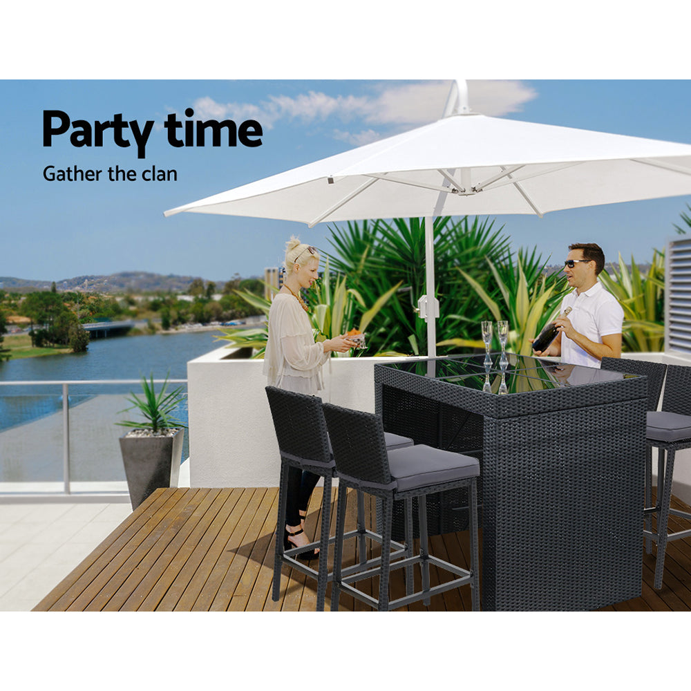 5 Piece Outdoor Bar Set Dining Glass Table Top & Wicker Stools Patio Setting