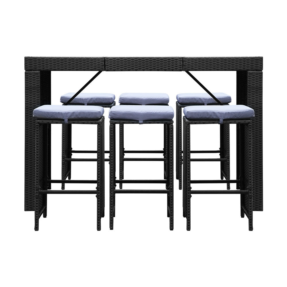 7 Piece Outdoor Bar Set Dining Glass Table Top & Wicker Stools Patio Setting