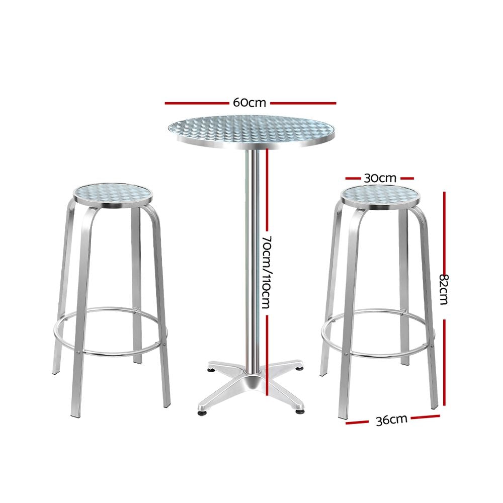 3 Piece Outdoor Aluminium Bar Set Bistro Adjustable Round Cafe Table & Stools