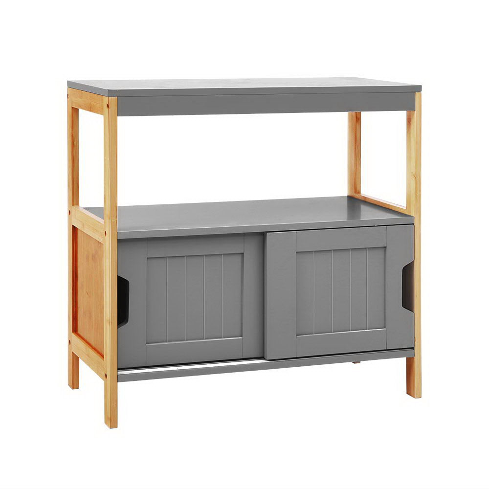 Small Sliding Door Buffet Sideboard Cabinet Storage Shelf Cupboard - Grey & Bamboo