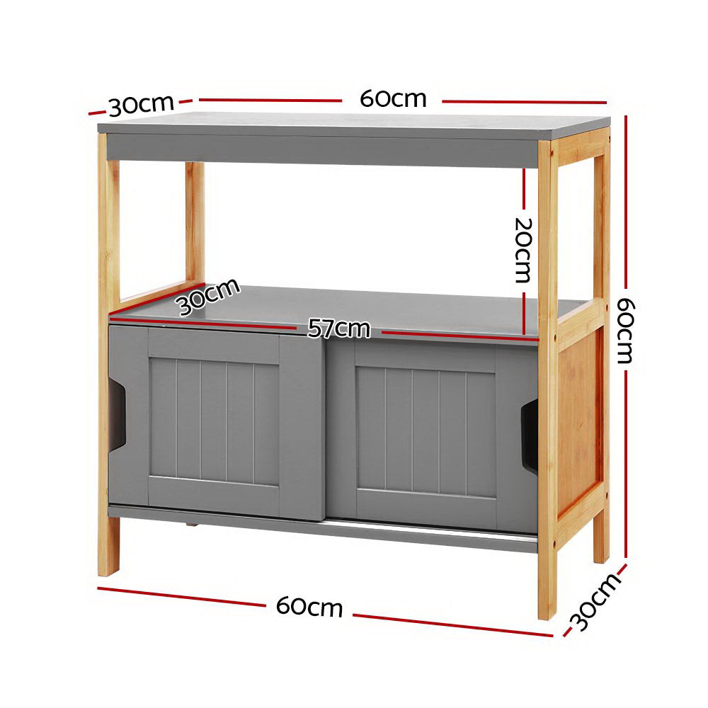 Small Sliding Door Buffet Sideboard Cabinet Storage Shelf Cupboard - Grey & Bamboo