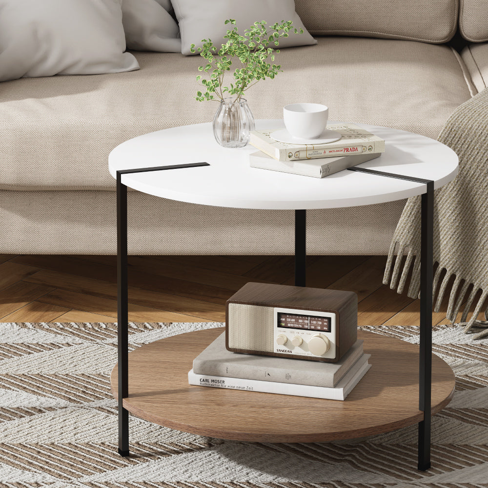 Two Tone Round Coffee Side Table - White & Pine