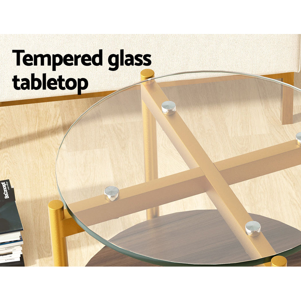 45cm Coffee Table Round Tempered Glass with Shelf