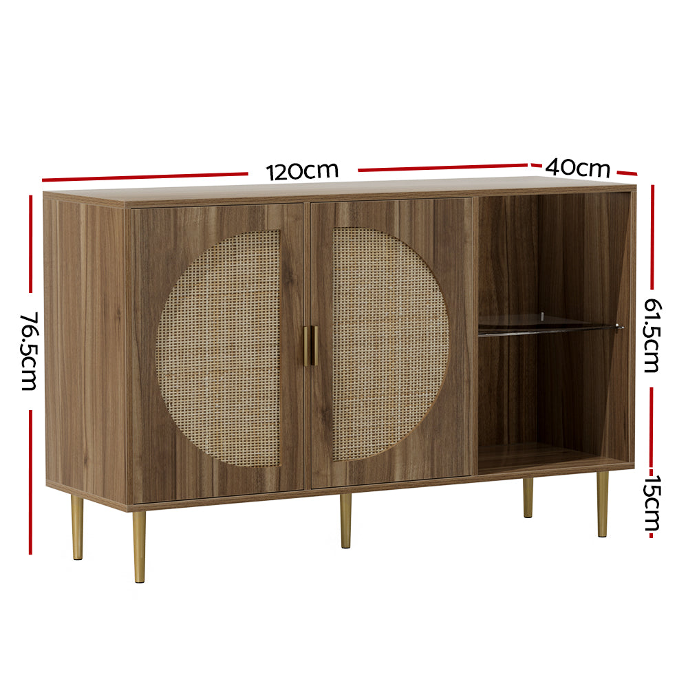 2 Door Rattan Buffet Sideboard with Display Glass Shelf