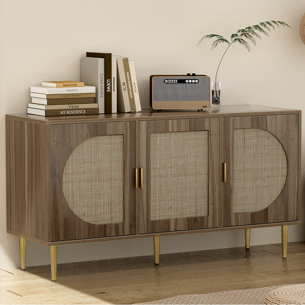 3 Door Rattan Buffet Sideboard Storage Cupboards - Dark Oak