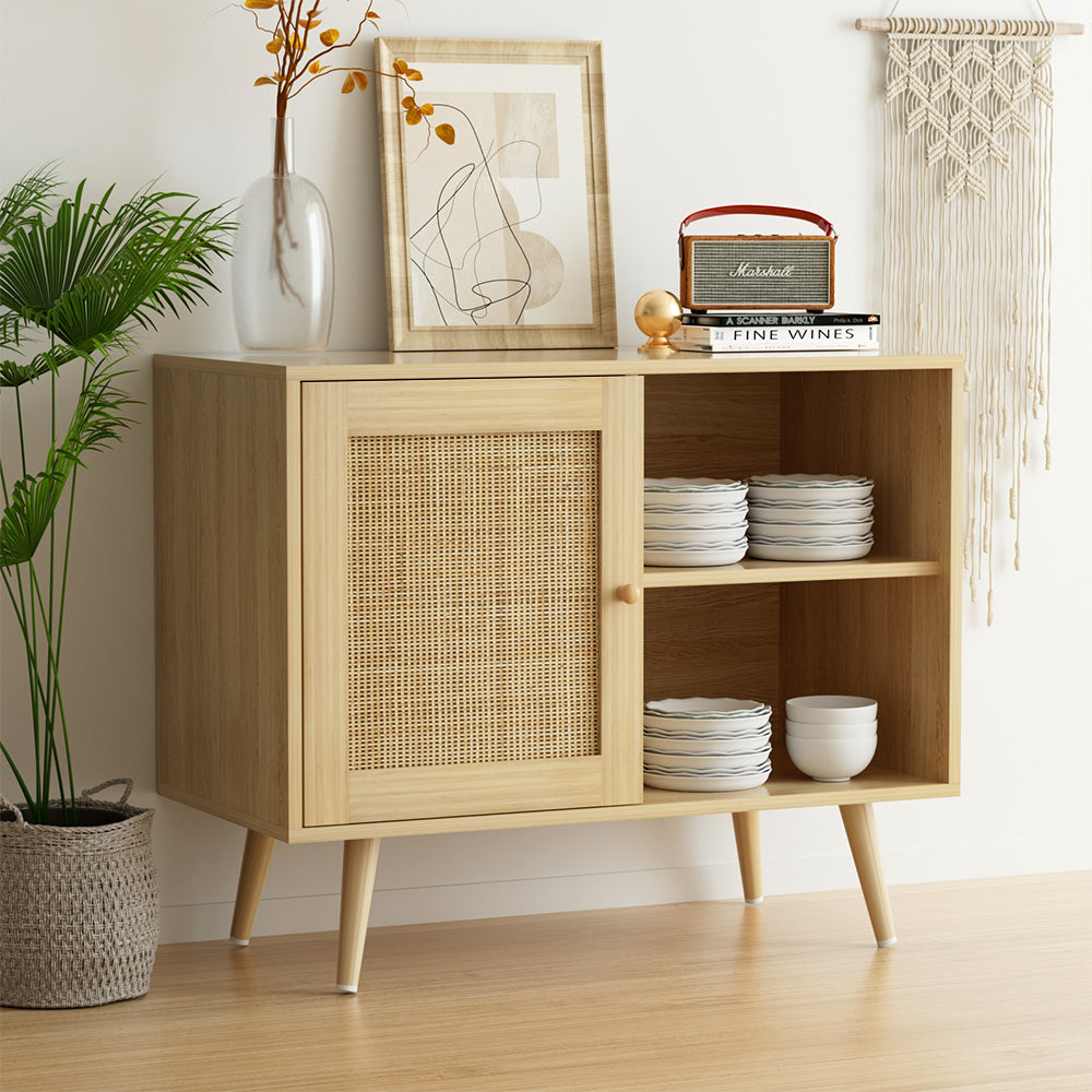 Rattan Buffet Sideboard Cabinet Storage Shelves Hallway Table Kitchen