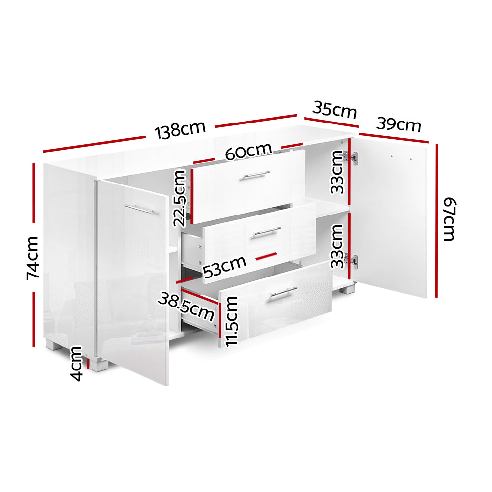 High Glossy Buffet Sideboard Storage Cabinet Cupboards - White Gloss