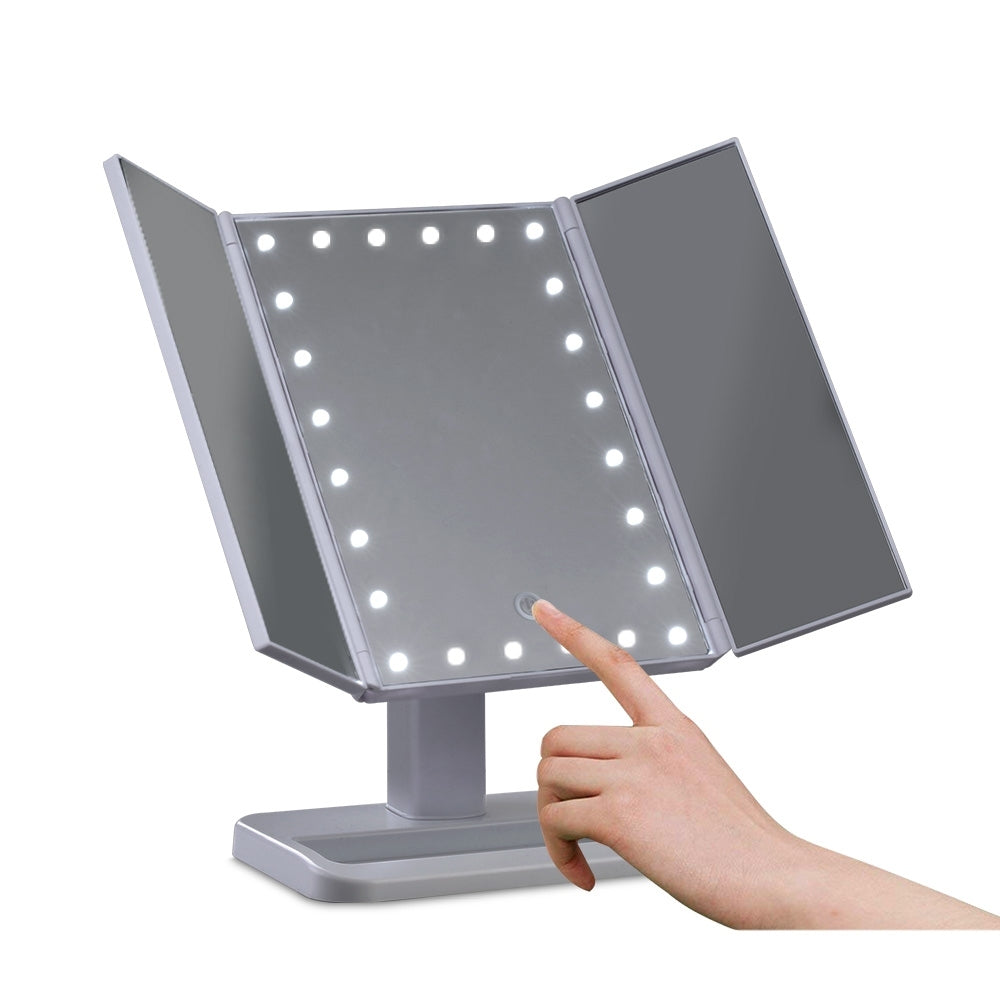 LED light Tri-fold Makeup Mirror with Tabletop Storage