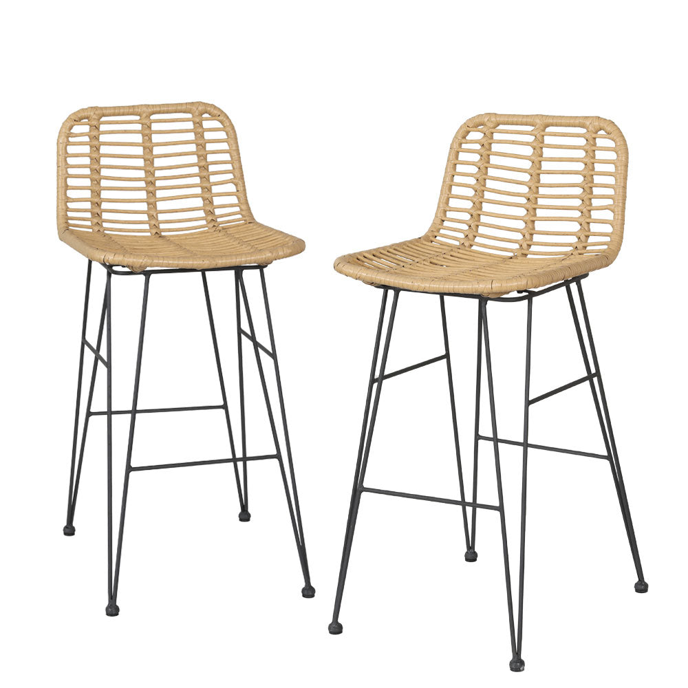 2x Wicker Rattan Outdoor Bar Stools - Natural