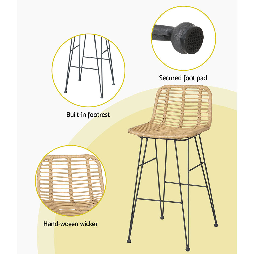 2x Wicker Rattan Outdoor Bar Stools - Natural