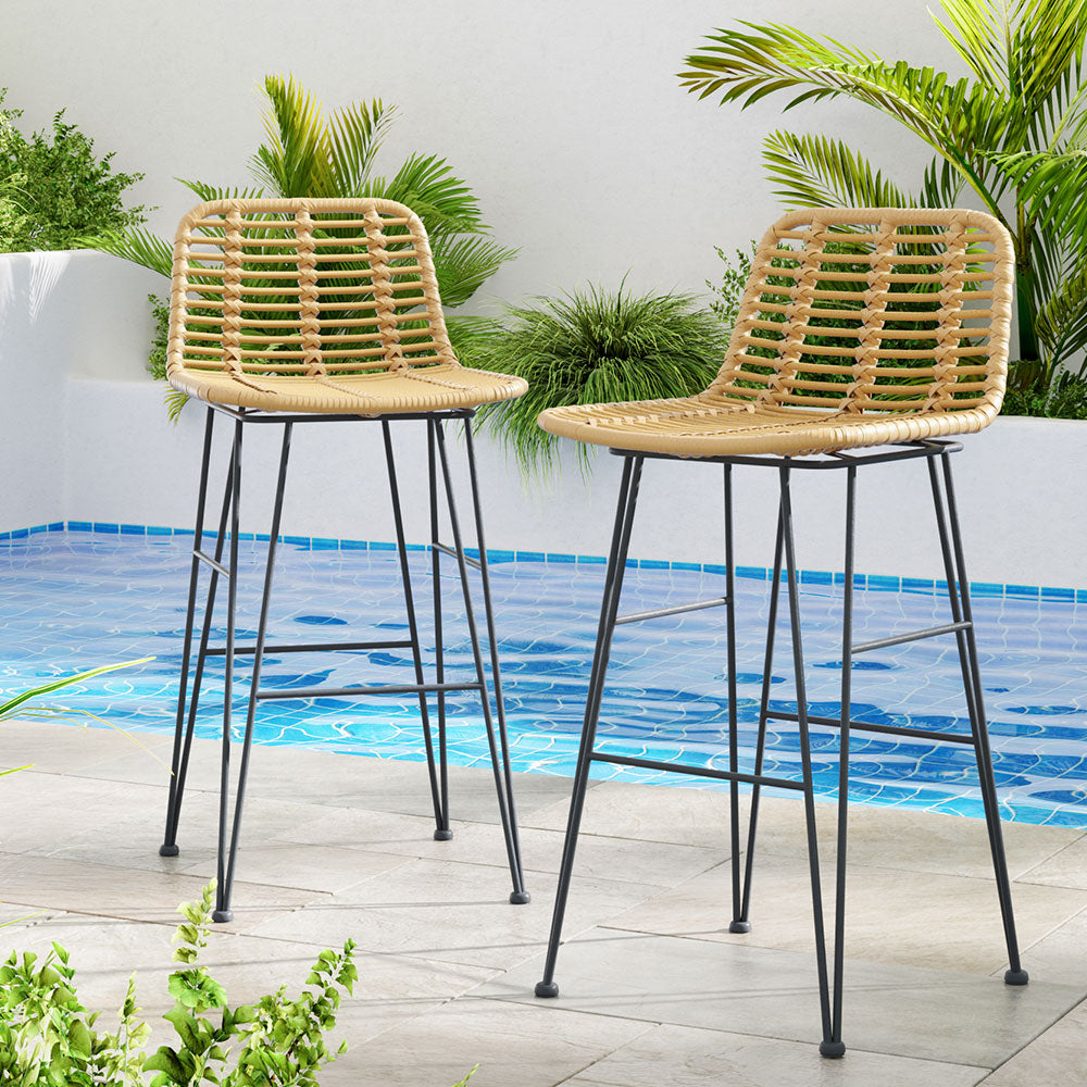 2x Wicker Rattan Outdoor Bar Stools - Natural