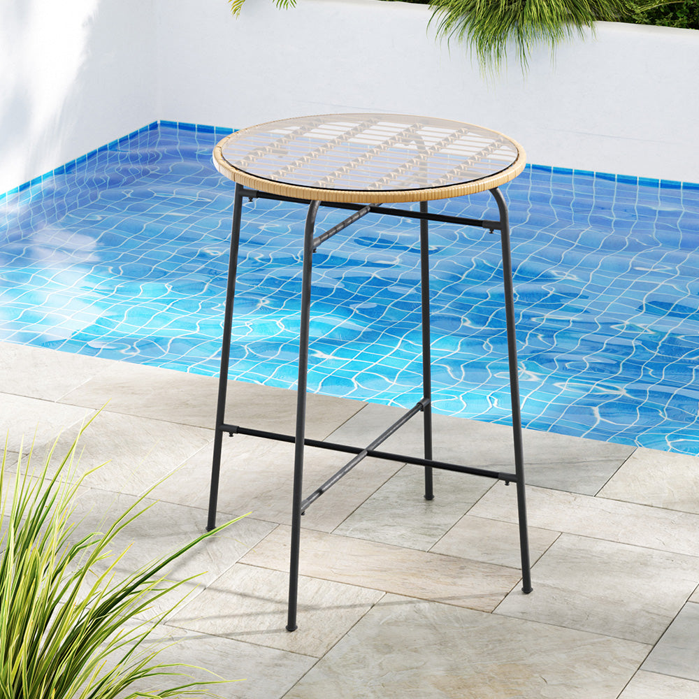 Outdoor Wicker Bar Table Dining Bistro Patio Balcony Glass Top Steel