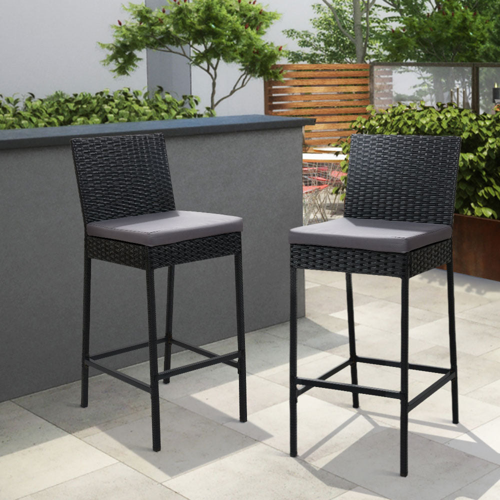 2x Outdoor PE Wicker Bar Stools Rattan - Black