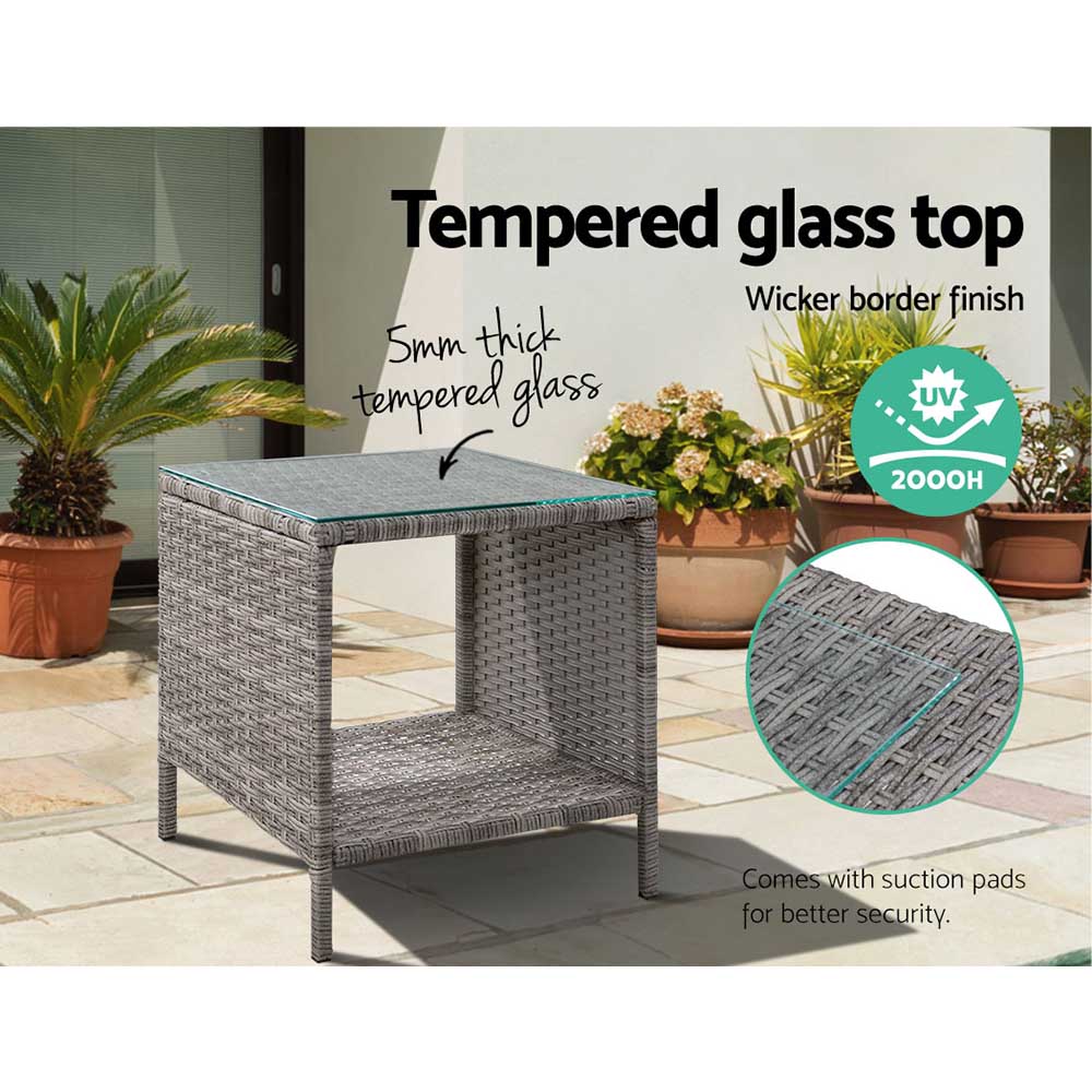 Coffee Side Wicker Table Glass Top Rattan Outdoor Furniture Garden Furniture - Grey