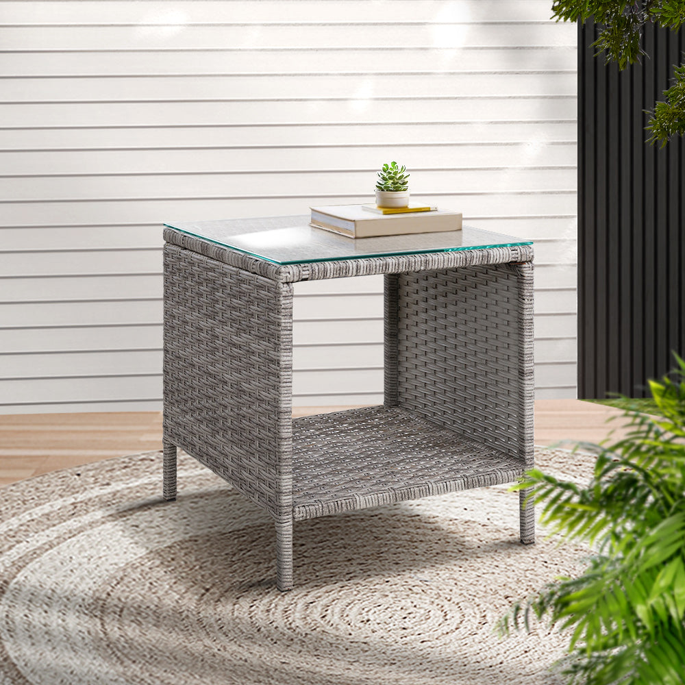 Coffee Side Wicker Table Glass Top Rattan Outdoor Furniture Garden Furniture - Grey