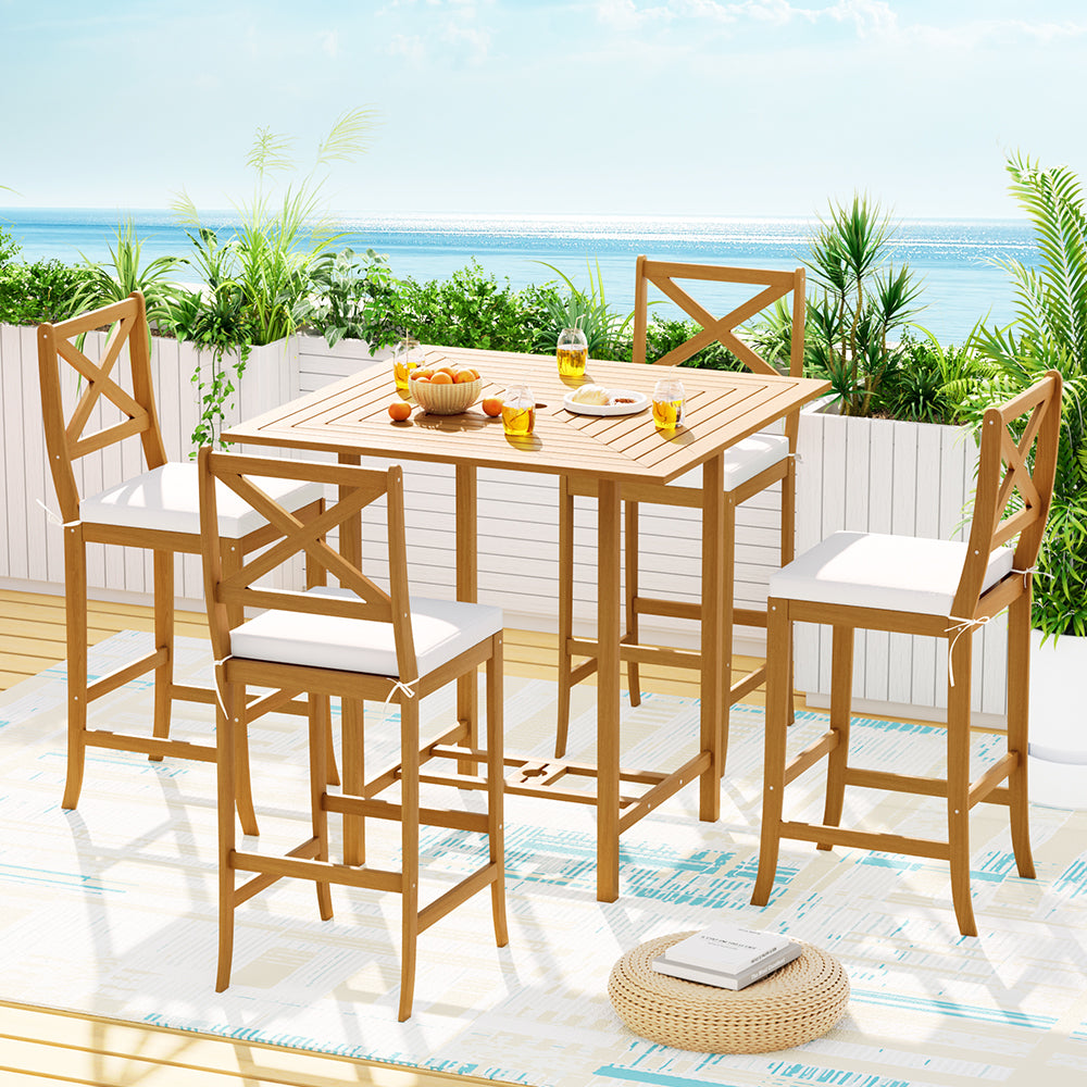 5 Piece Outdoor Bar Set Acacia Wood Bistro Patio Table & Stools