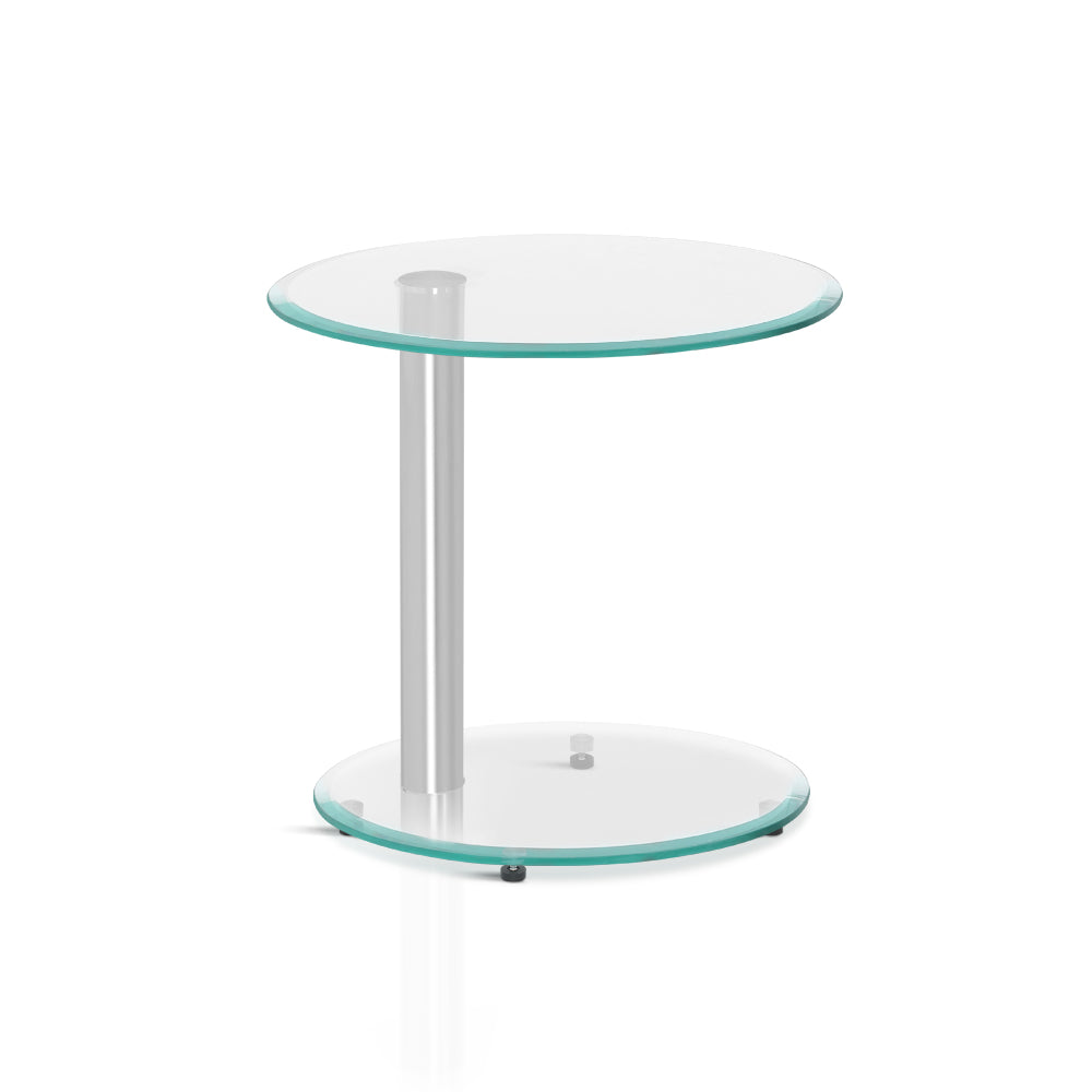 Oval Tempered Glass Top 2 Tier Side Coffee Table - Aluminium