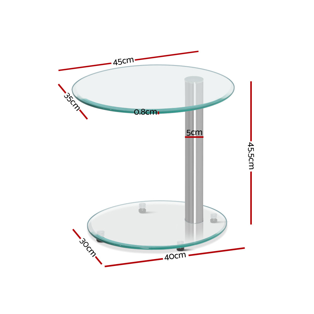 Oval Tempered Glass Top 2 Tier Side Coffee Table - Aluminium