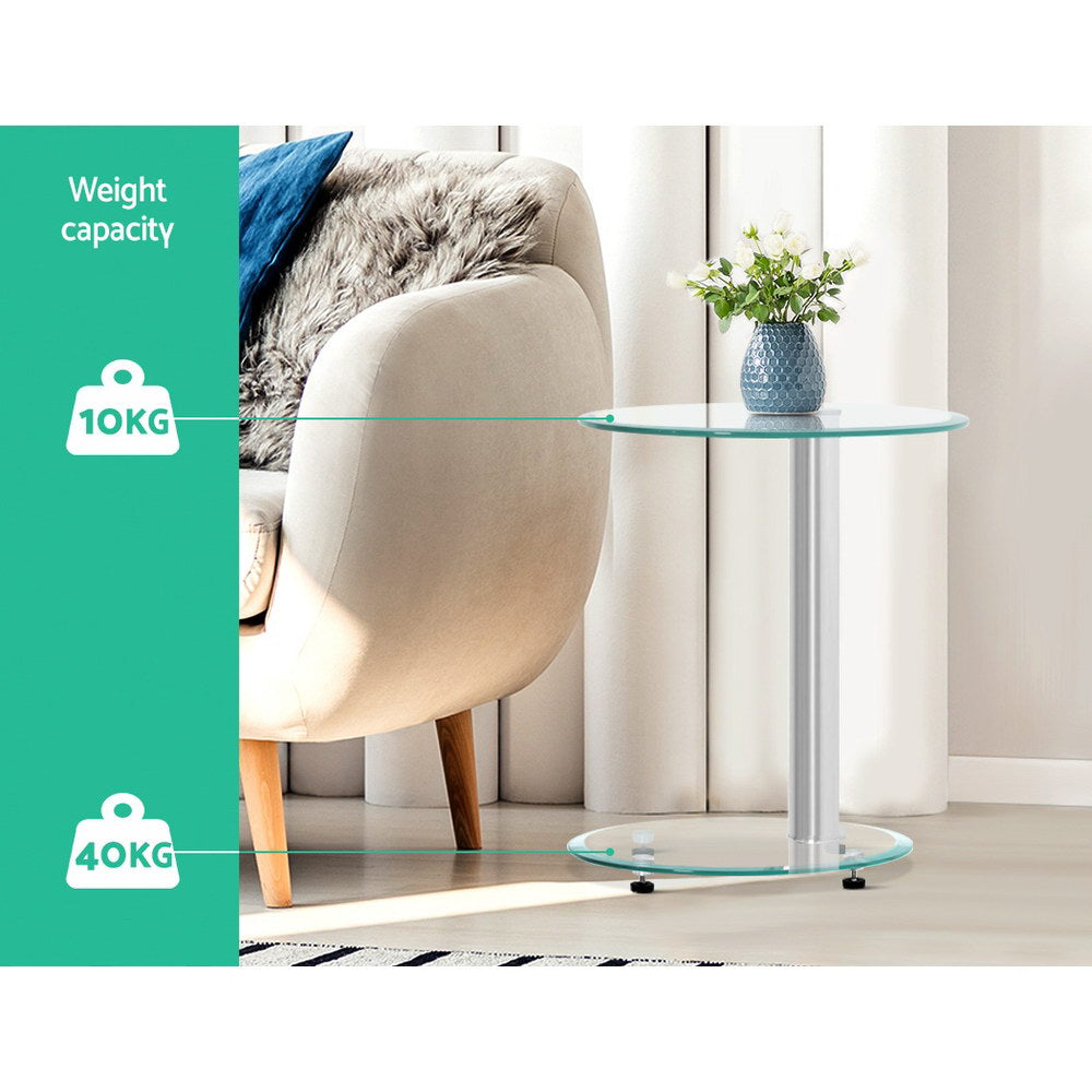 Oval Tempered Glass Top 2 Tier Side Coffee Table - Aluminium