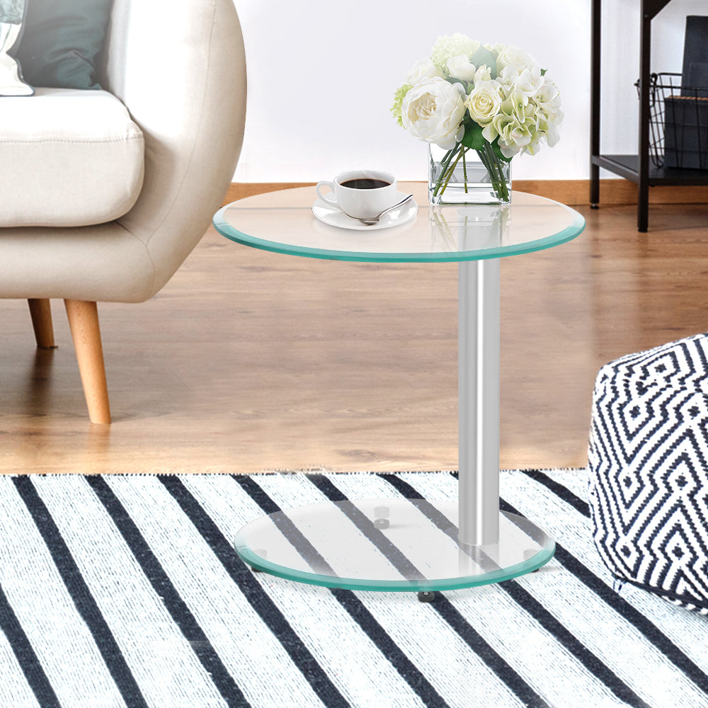 Oval Tempered Glass Top 2 Tier Side Coffee Table - Aluminium