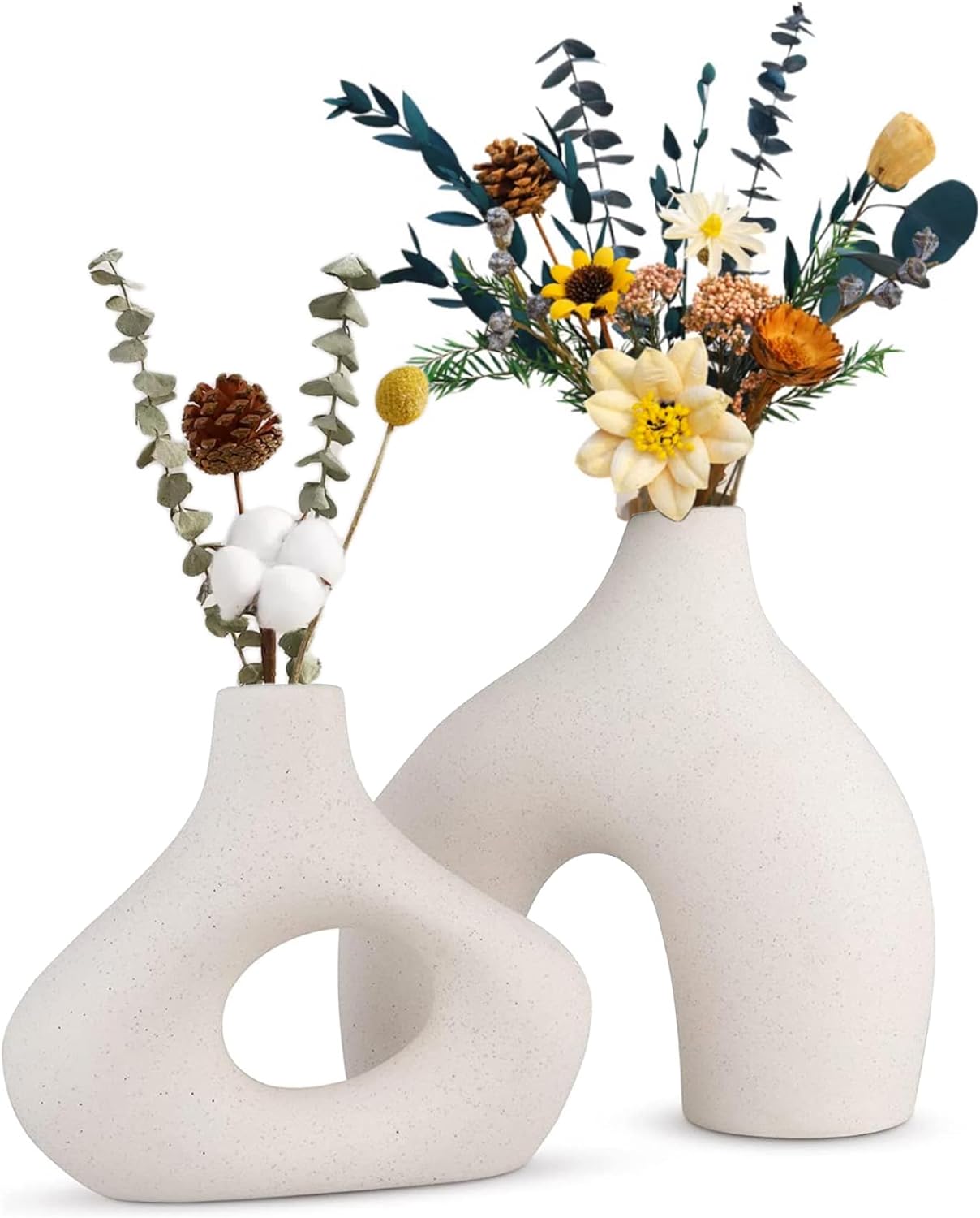 Set of 2 Ceramic Modern White Vases for Home Decor