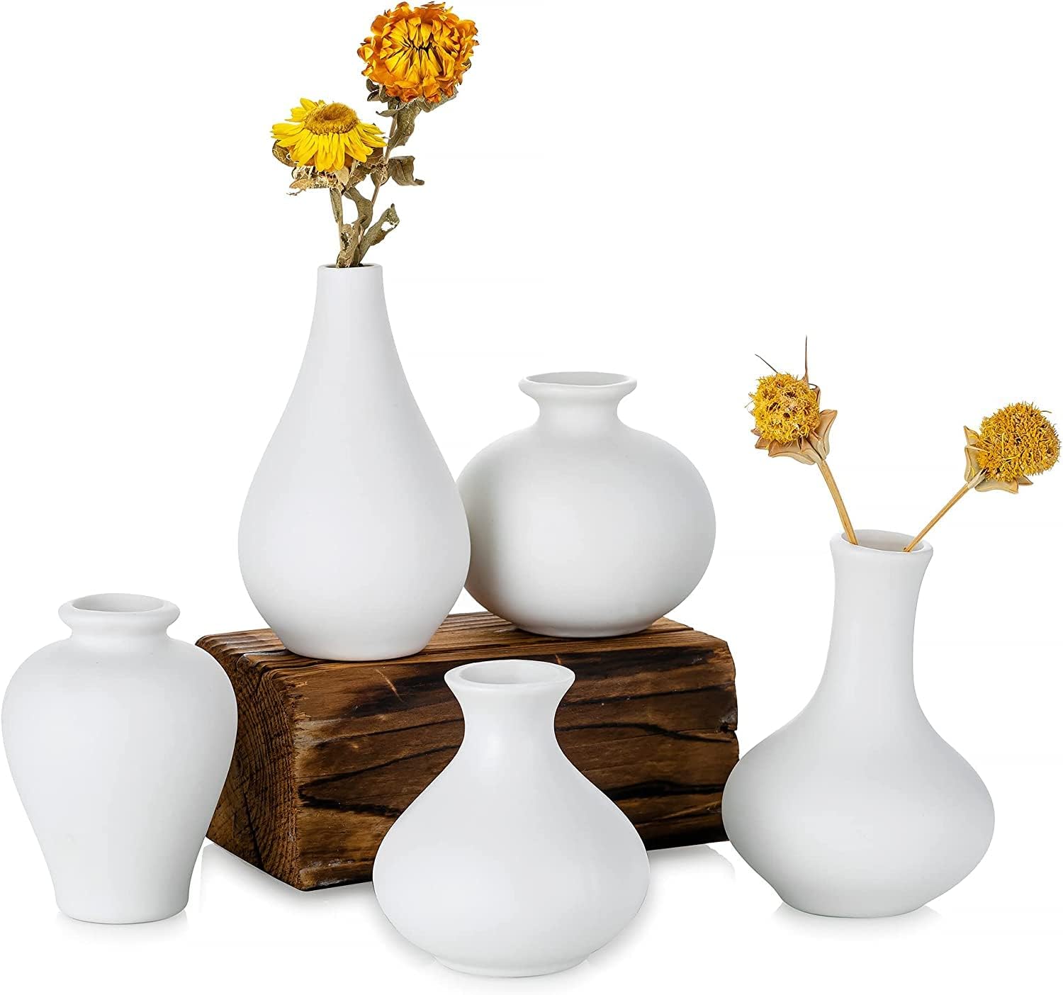 Set of 5 Ceramic White Vases for Home Decor